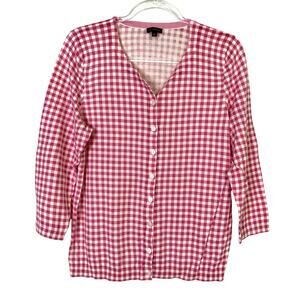 Talbots Pink Gingham Cardigan Sweater Cotton Rayon 3/4 Sleeve Womens Large